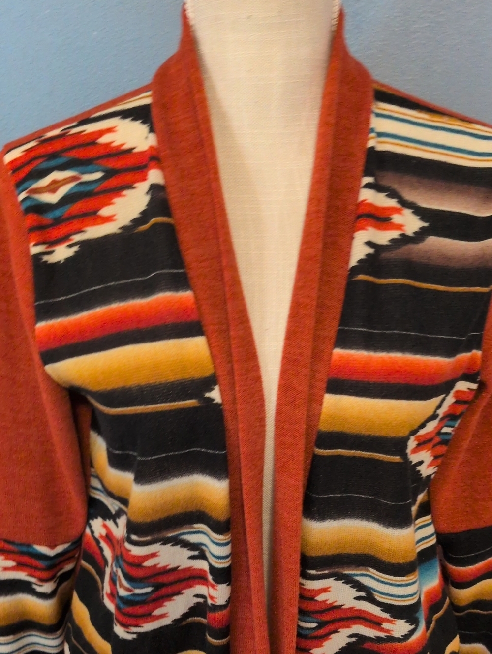Vintage 90's Vision Aztec Print Southwest Open Front USA Made Cardigan Fall - Picture 2 of 8
